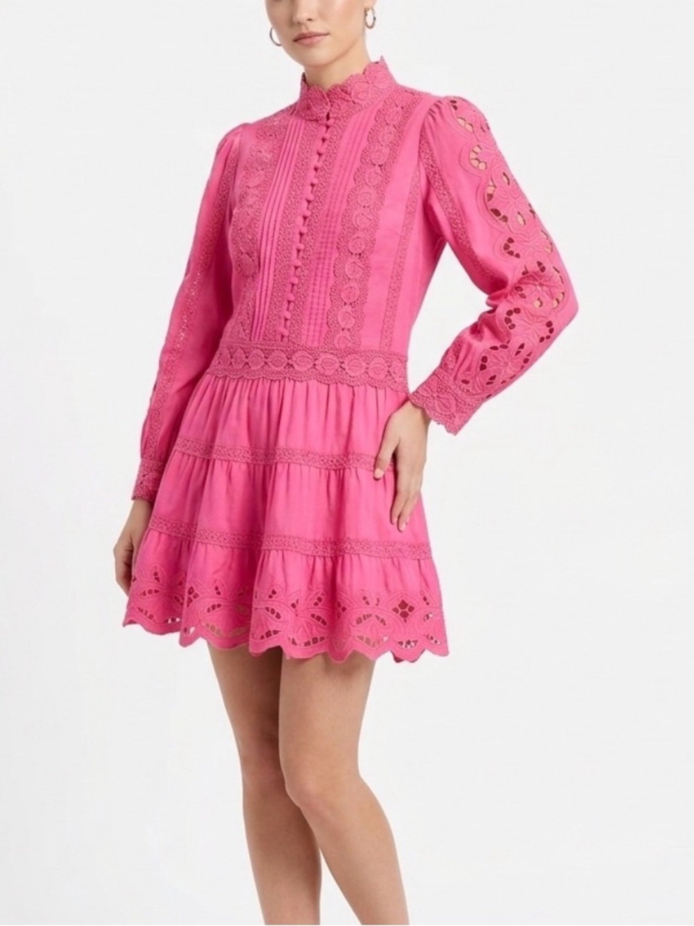 Alice + Olivia Pink Clark Eyelet Lace Mini Dress Sz 12 Long Sleeve Button Front